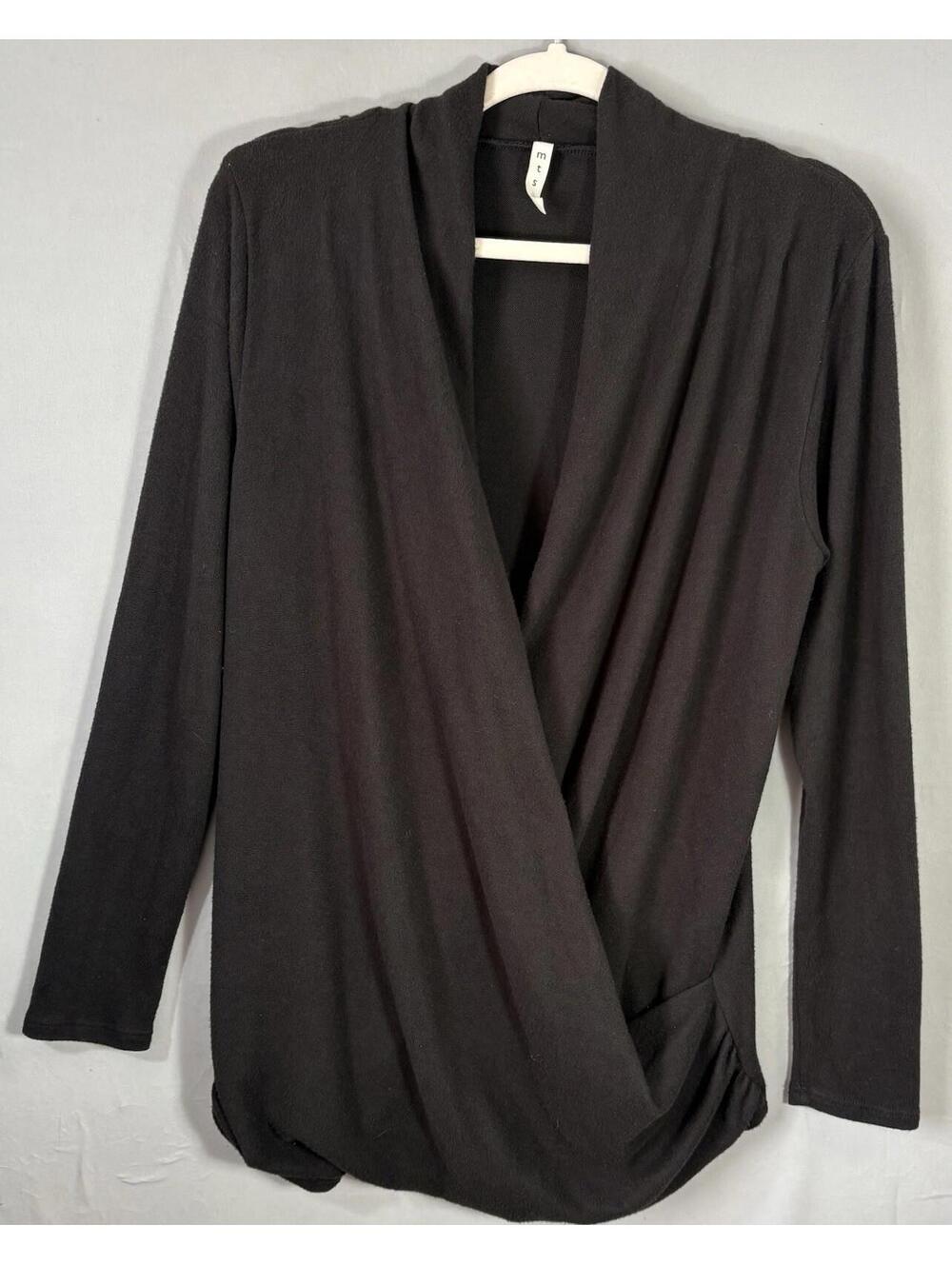 Womens Black Wrap Top L MTS Stretch Knit Surplice V Made in USA Soft Feel sz L